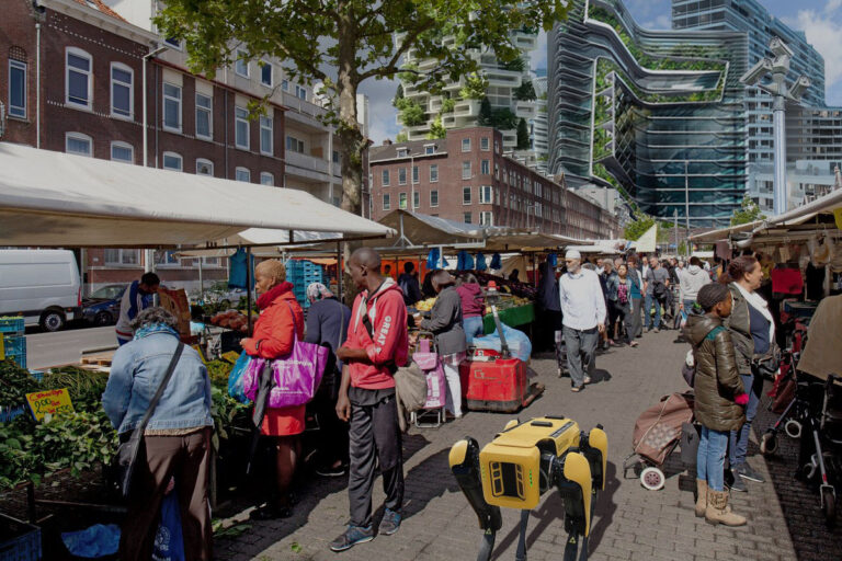 The Afrikaandermarkt in Rotterdam-Zuid with projected area development in the background